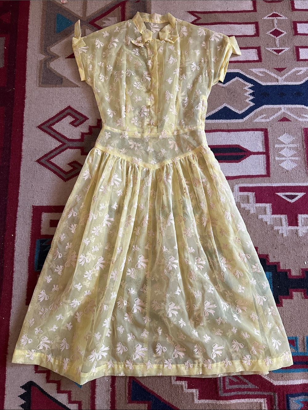 Vintage 40s Yellow Semi Sheer Flocked Bow MIDI Dress